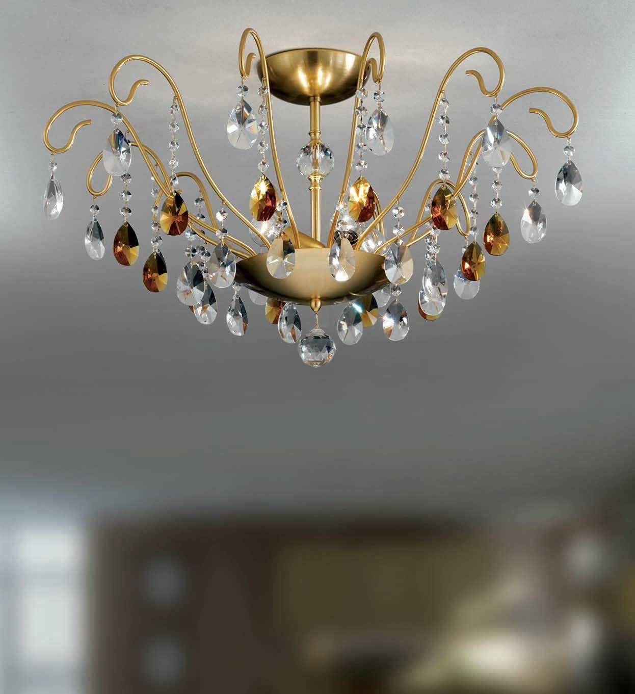 Plafoniera soffitto classica a 3 luci in ottone oro satinato con cristalli molati topazio e trasparenti PR 6761/P70