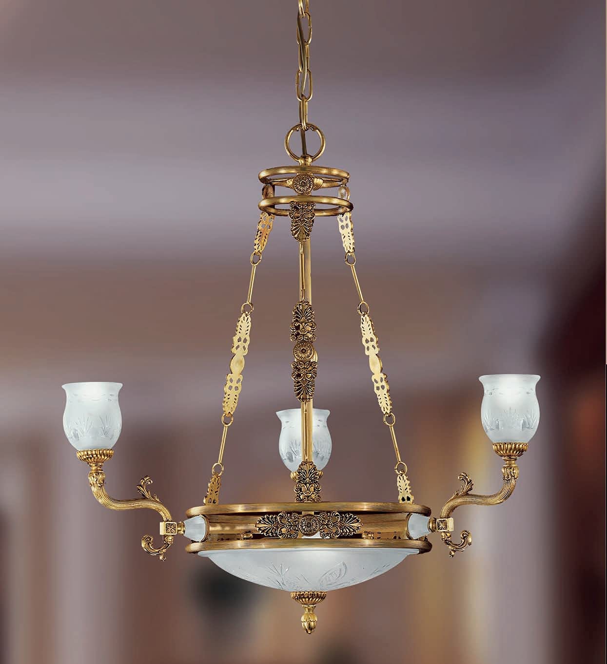 Lampadario classico a 3+3 luci in ottone oro antico con diffusori in vetro satinato inciso PR 6566/3+3
