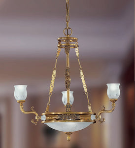 Lampadario classico a 3+3 luci in ottone oro antico con diffusori in vetro satinato inciso PR 6566/3+3