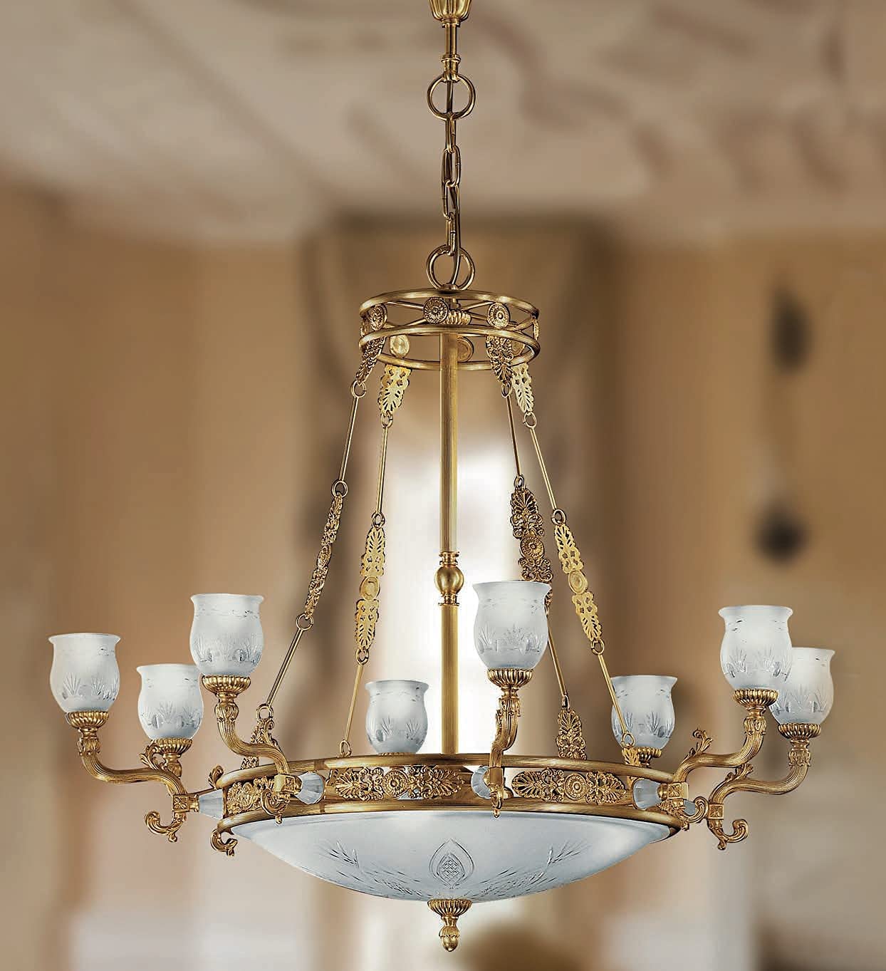 Lampadario classico a 8+4 luci in ottone oro antico con diffusori in vetro satinato inciso PR 6566/8+4