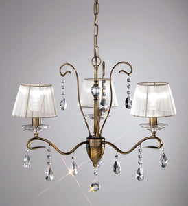 Lampadario classico a 3 luci in ottone bronzo con cristalli molati trasparenti e paralumi in tessuto di organza avorio PR 6749/3