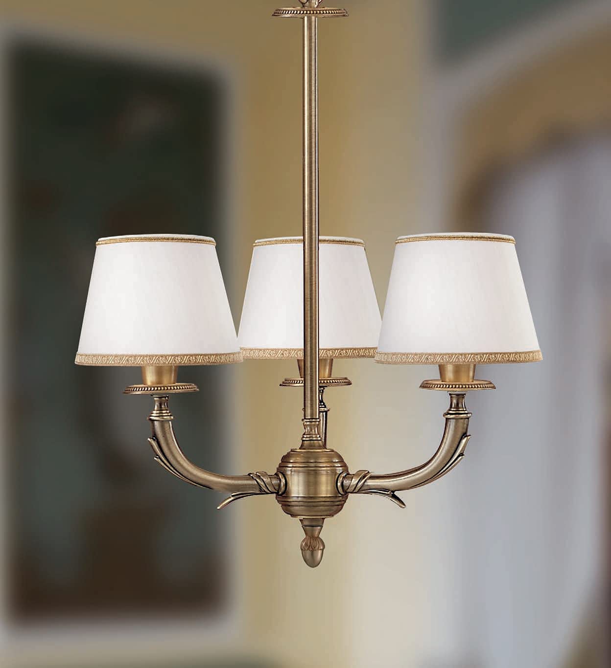 Lampadario classico a 3 luci in ottone bronzo chiaro con paralumi di stoffa avorio chiaro PR 6646/3