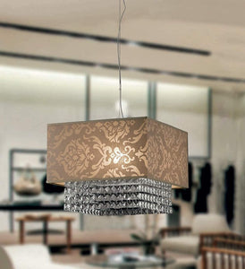 Lampadario a sospensione classico a 1 luce in metallo cromo con cristalli molati e paralume in tessuto royal nocciola PR 6880/S40