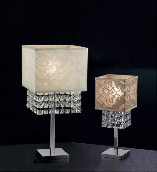 Lumetto da comodino classico a 1 luce in metallo cromo con cristalli molati e paralume in tessuto royal nocciola PR 6884/LP
