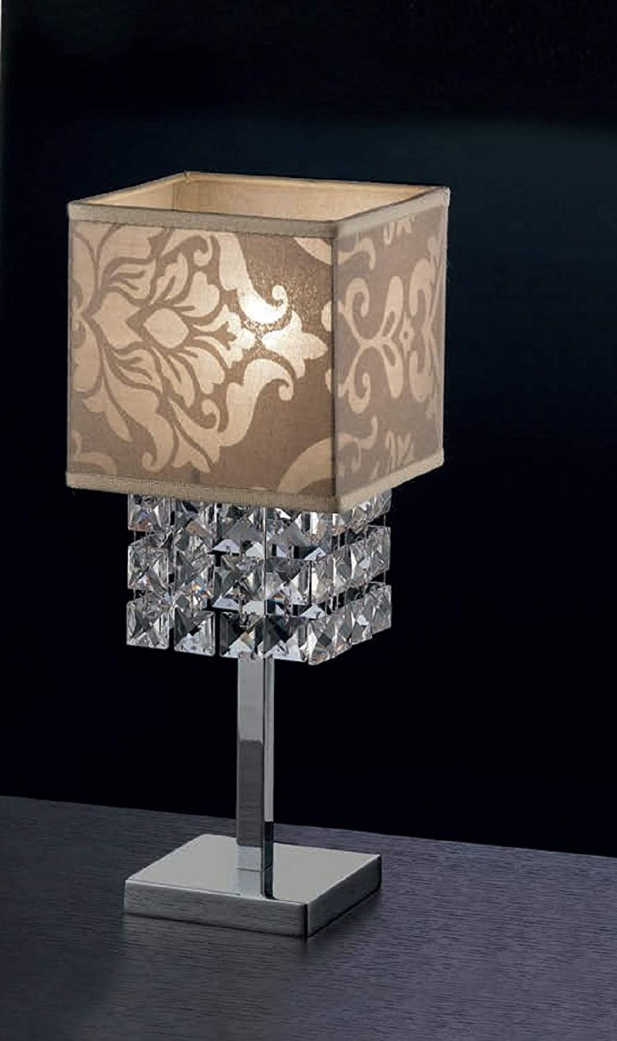 Lumetto da comodino classico a 1 luce in metallo cromo con cristalli molati e paralume in tessuto royal nocciola PR 6884/LP