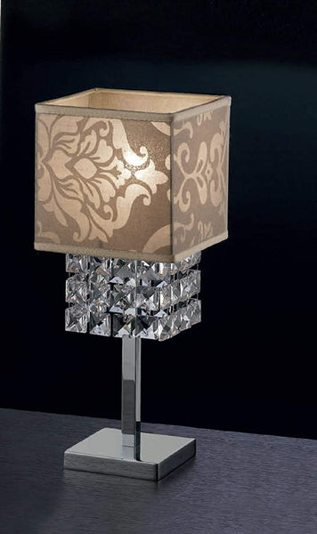 Lumetto da comodino classico a 1 luce in metallo cromo con cristalli molati e paralume in tessuto royal nocciola PR 6884/LP