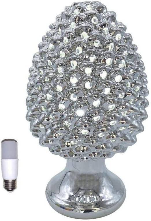Lampada pigna in ceramica forata con filo classica realizzata e decorata a mano oro argento gdm (Argento 21021PS)