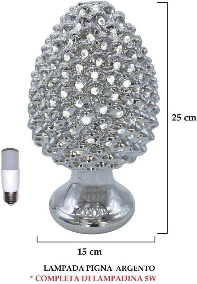 Lampada pigna in ceramica forata con filo classica realizzata e decorata a mano oro argento gdm (Argento 21021PS)
