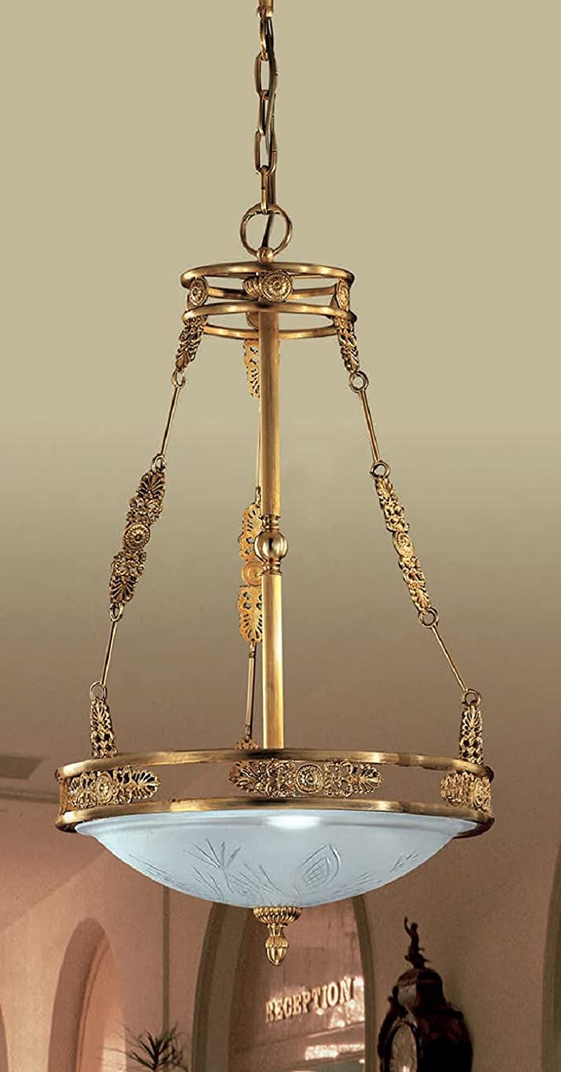 Lampadario a sospensione classico in ottone oro antico con diffusore in vetro satinato inciso PR (S32 3 luci art 6566/S32)