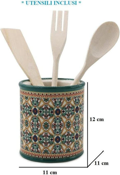 Mondocreazioni Porta mestoli in ceramica verde con utensili inclusi gdm art 21002V