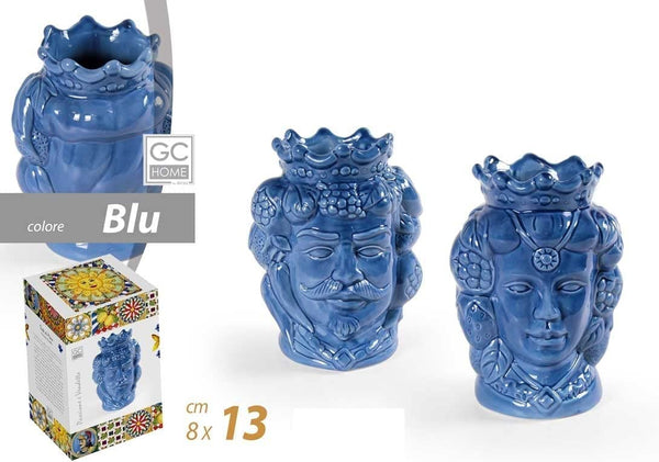 Coppia teste di moro vasetti piccoli in ceramica soprammobili per la casa giardino gic (Blu 836053)