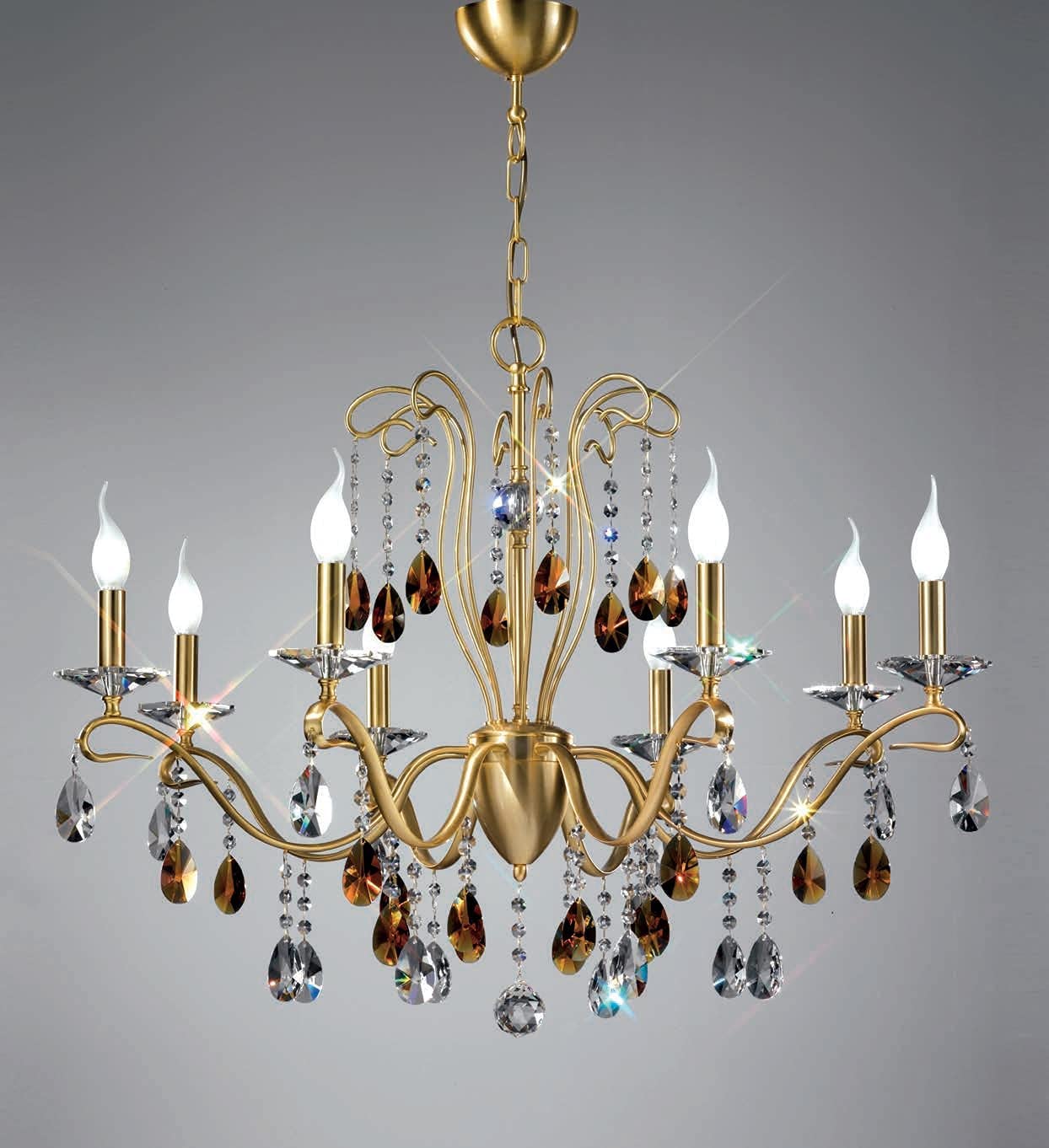 Lampadario classico a 8 luci in ottone oro satinato con cristalli molati topazio e trasparenti PR 6745/8