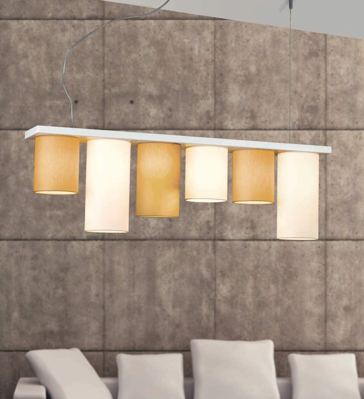 Lampadario a sospensione moderno a 6 luci in metallo laccato bianco opaco con paralumi in tessuto giallo oro e panna PR 6980/S6