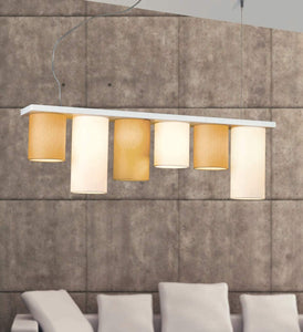 Lampadario a sospensione moderno a 6 luci in metallo laccato bianco opaco con paralumi in tessuto giallo oro e panna PR 6980/S6