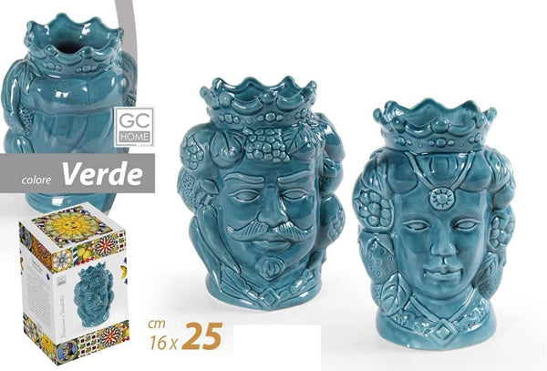 Coppia teste di moro vasetti in ceramica soprammobili per la casa giardino gic (Verde 836084)