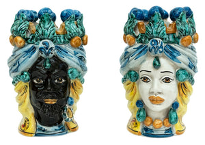 Coppia teste di moro in ceramica siciliana di Caltagirone h20cm art. blu siciliano