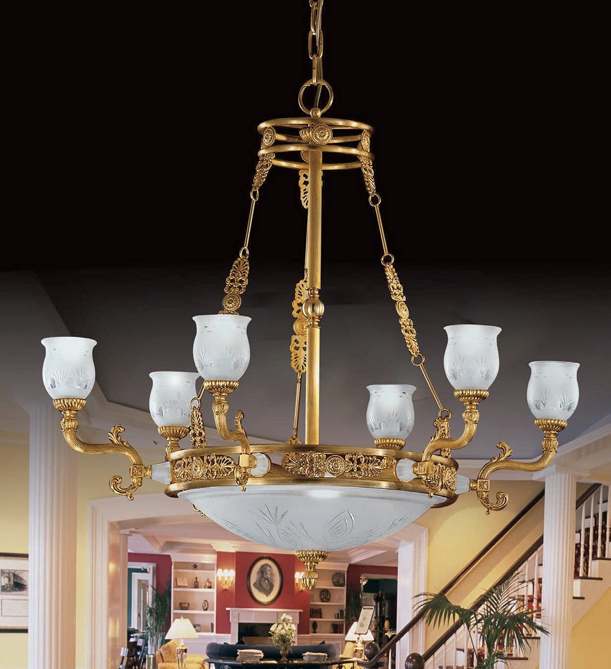 Lampadario classico a 6+3 luci in ottone oro antico con diffusori in vetro satinato inciso PR 6566/6+3