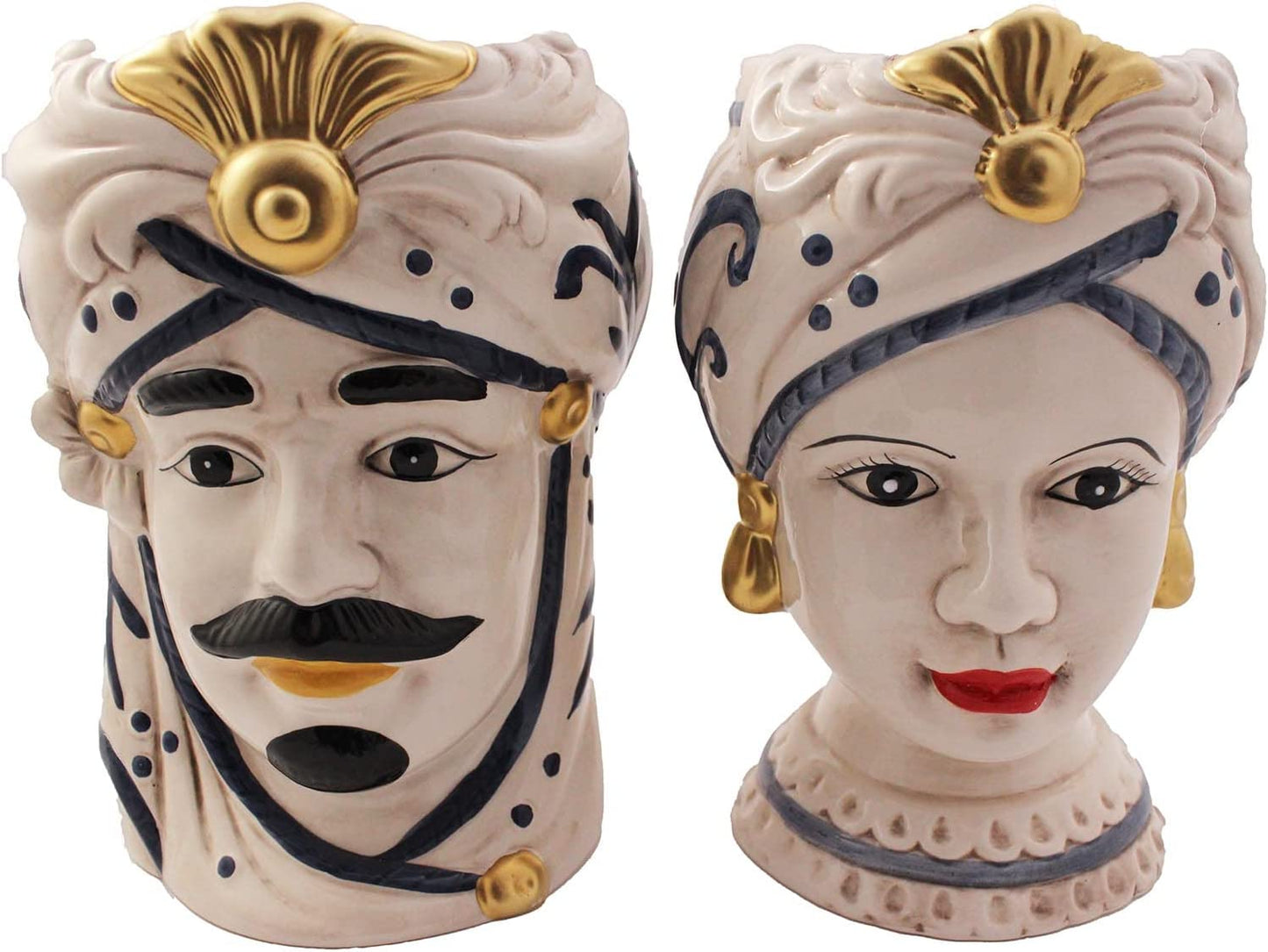 ILAB Coppia Teste di Moro Regina e re in Ceramica siciliana Decorata a Mano Blu e Oro Moderno gic h25cm