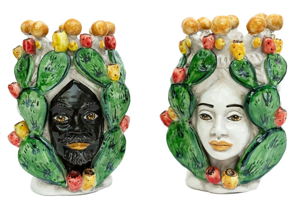 Pair of Sicilian ceramic Moor's heads from Caltagirone h20cm art. prickly pear 