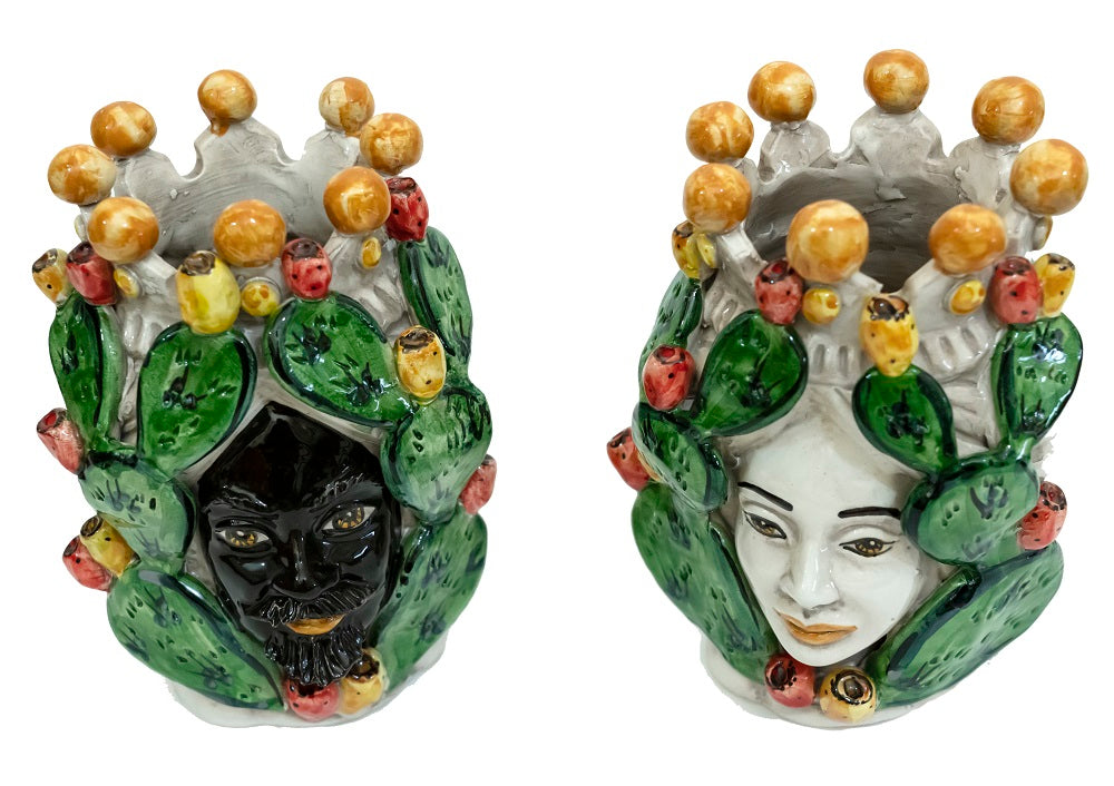 Pair of Sicilian ceramic Moor's heads from Caltagirone h20cm art. prickly pear 