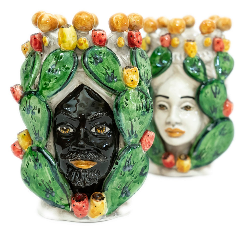 Pair of Sicilian ceramic Moor's heads from Caltagirone h20cm art. prickly pear 