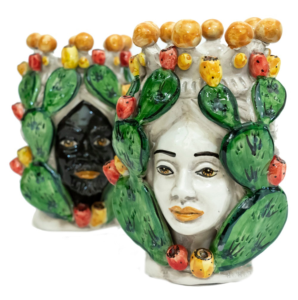 Pair of Sicilian ceramic Moor's heads from Caltagirone h20cm art. prickly pear 