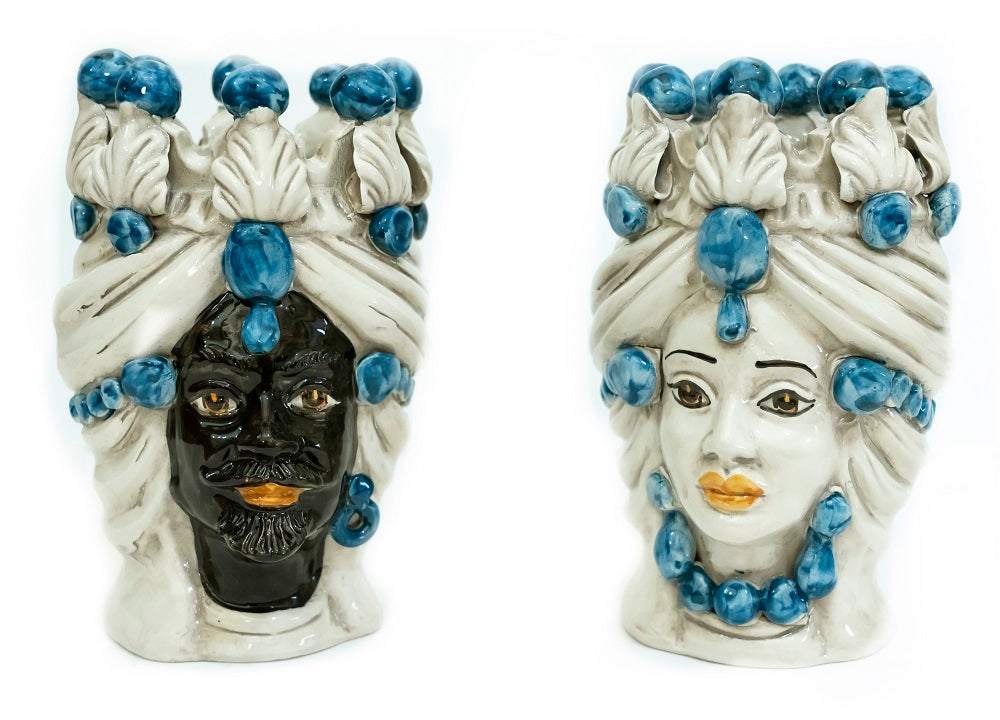 Pair of Sicilian ceramic Moor's heads from Caltagirone h20cm art. blue 