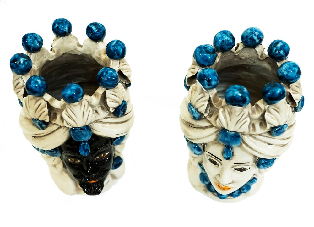 Pair of Sicilian ceramic Moor's heads from Caltagirone h20cm art. blue 