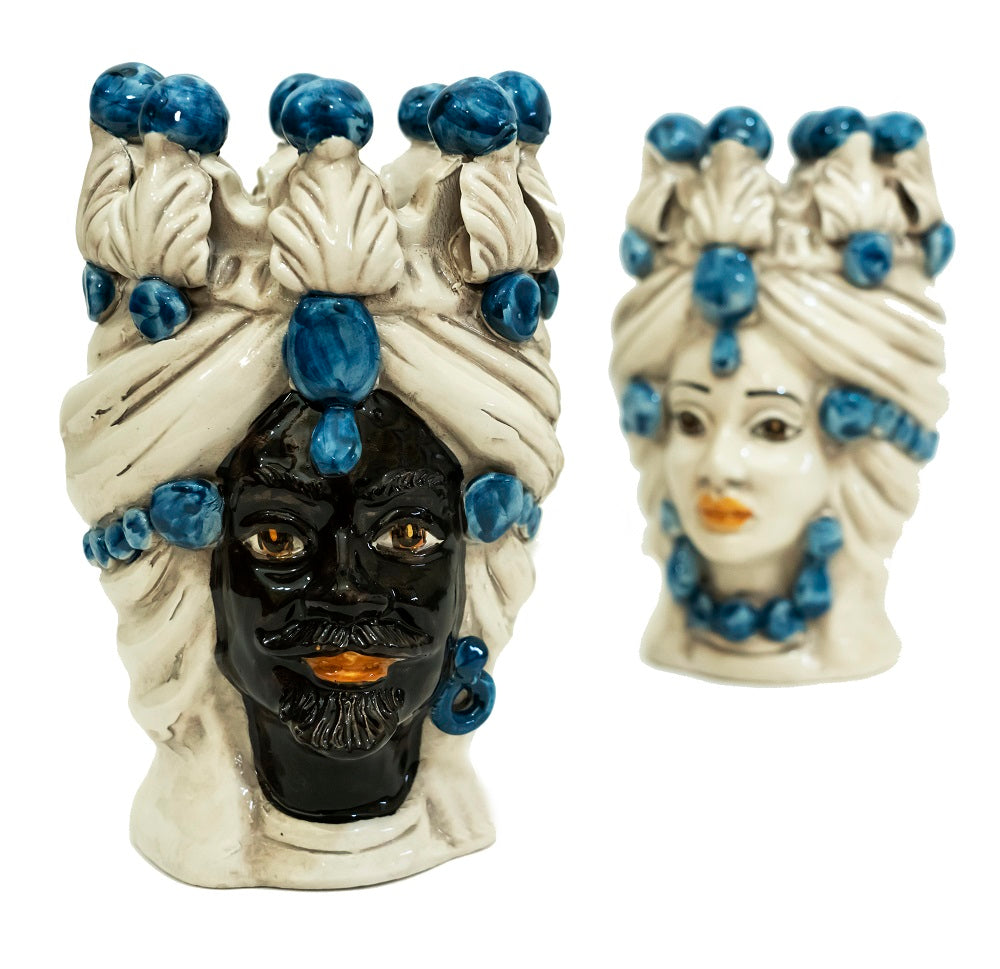 Coppia teste di moro in ceramica siciliana di Caltagirone h20cm art. blu