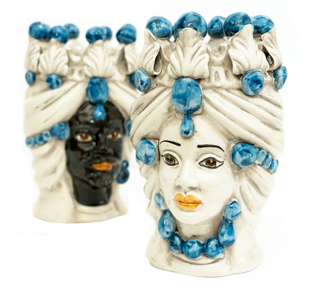 Coppia teste di moro in ceramica siciliana di Caltagirone h20cm art. blu