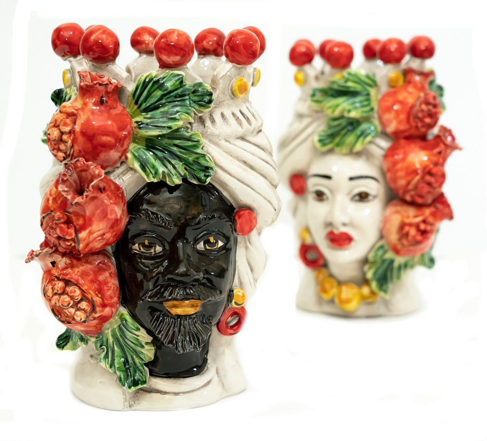 Coppia teste di moro in ceramica siciliana di Caltagirone h20cm art. melograno