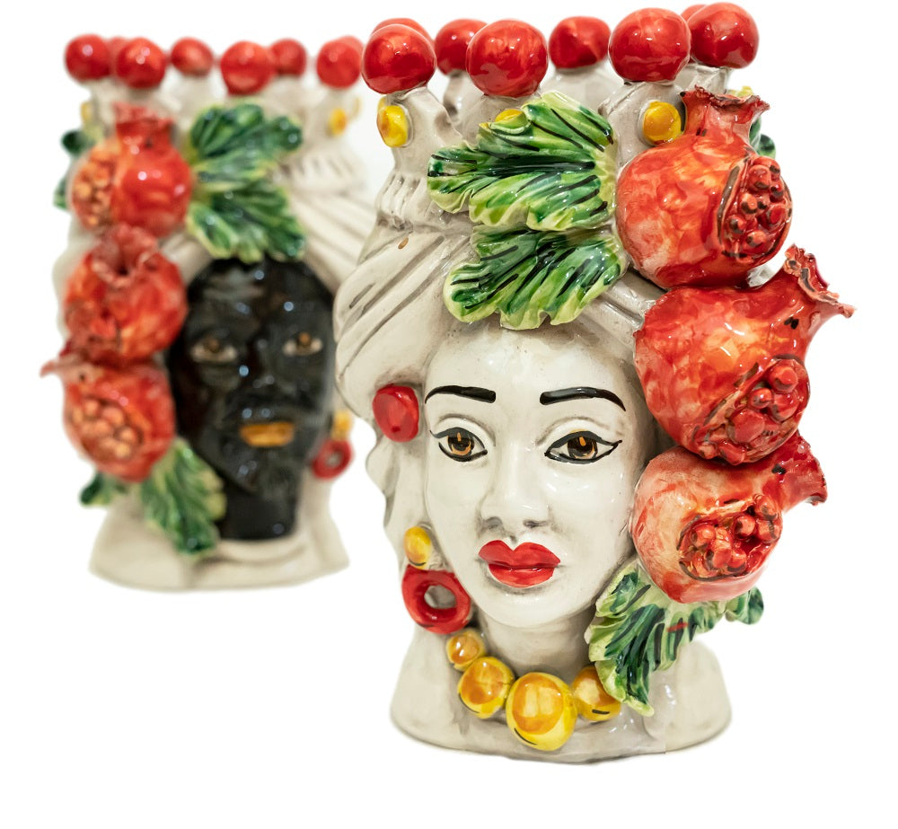 Coppia teste di moro in ceramica siciliana di Caltagirone h20cm art. melograno