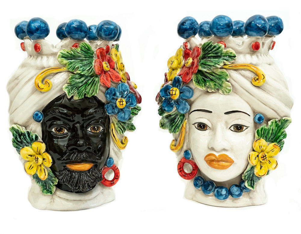 Pair of Sicilian ceramic Moor's heads from Caltagirone h30cm art. flowers 