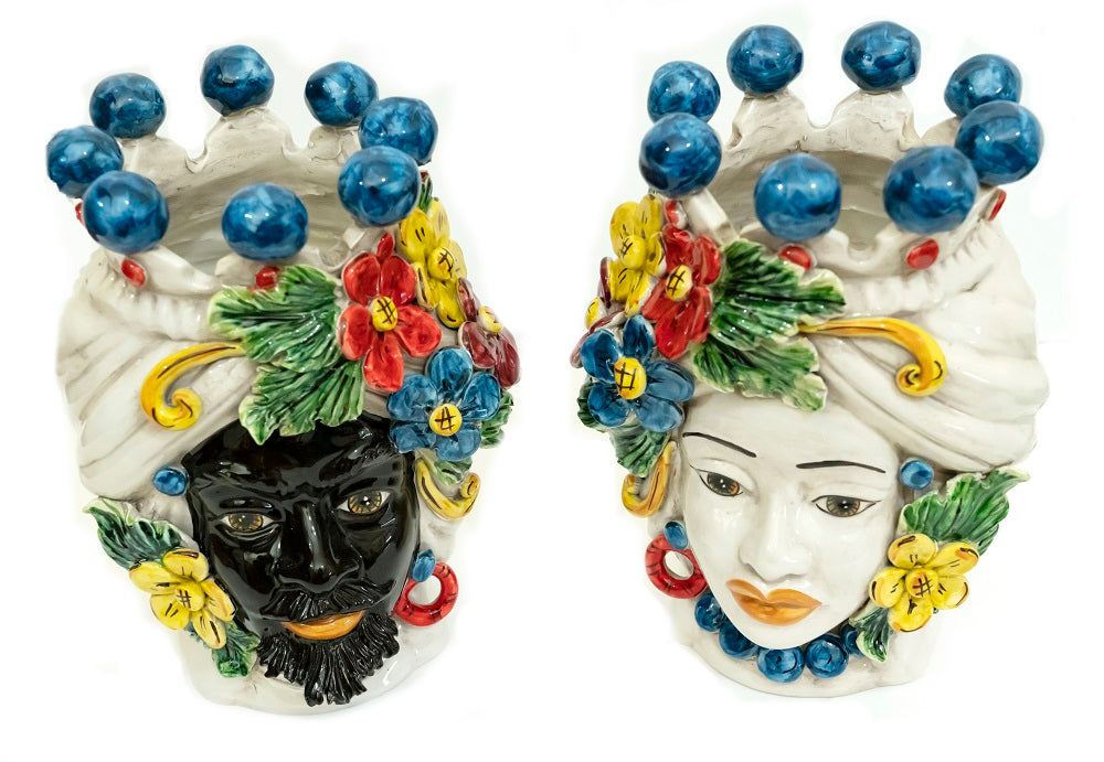 Pair of Sicilian ceramic Moor's heads from Caltagirone h30cm art. flowers 