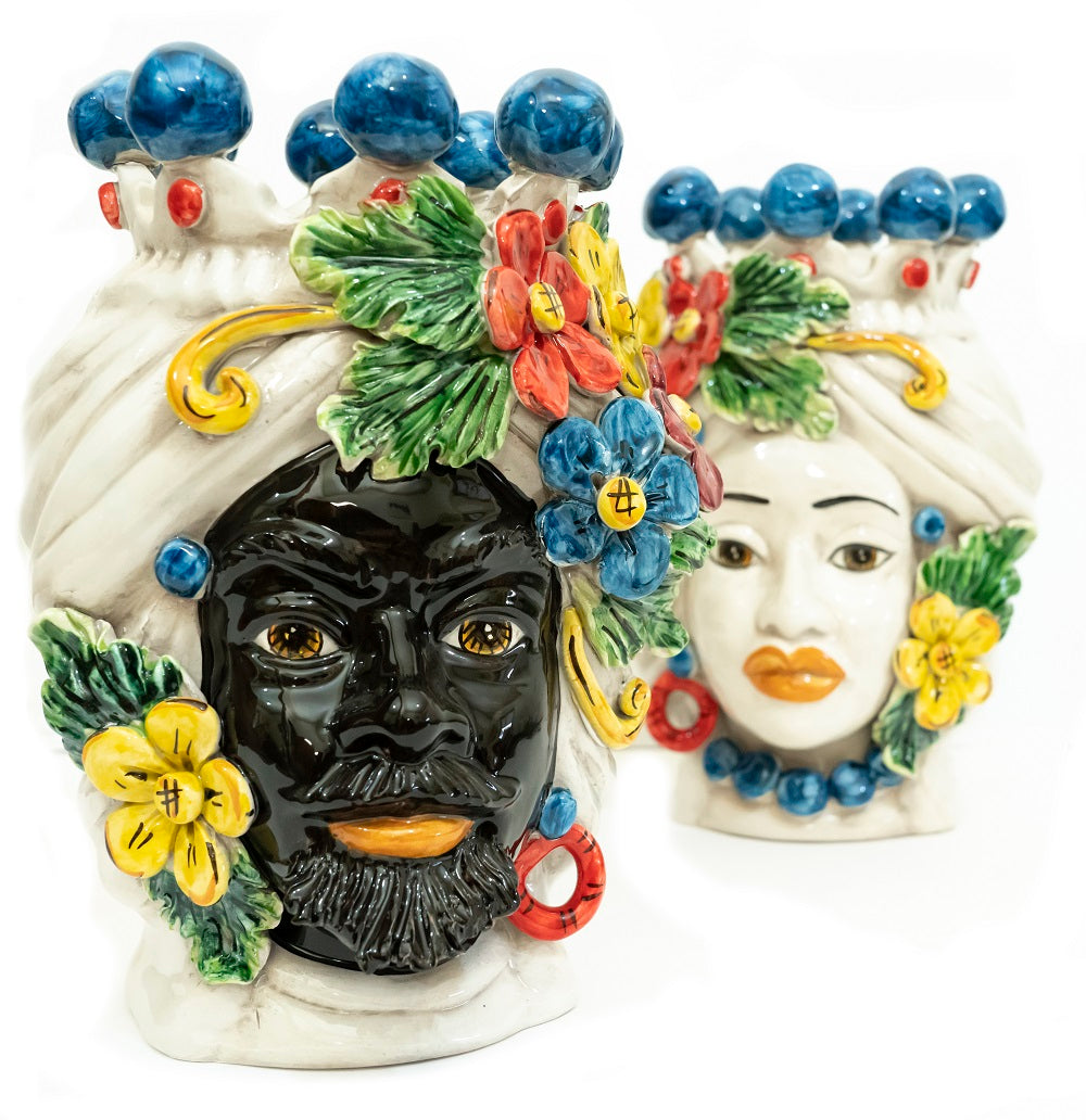 Pair of Sicilian ceramic Moor's heads from Caltagirone h30cm art. flowers 