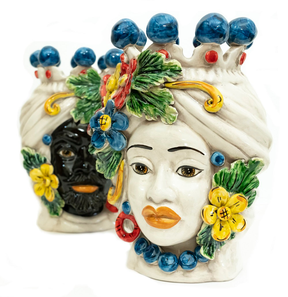 Pair of Sicilian ceramic Moor's heads from Caltagirone h30cm art. flowers 