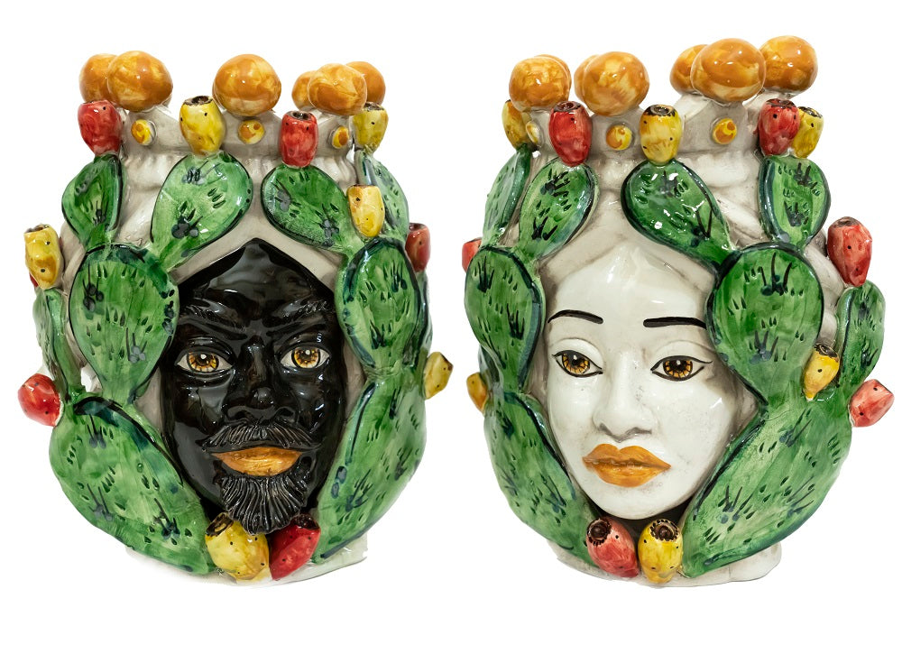 Pair of Sicilian ceramic Moor's heads from Caltagirone h30cm art. prickly pear 