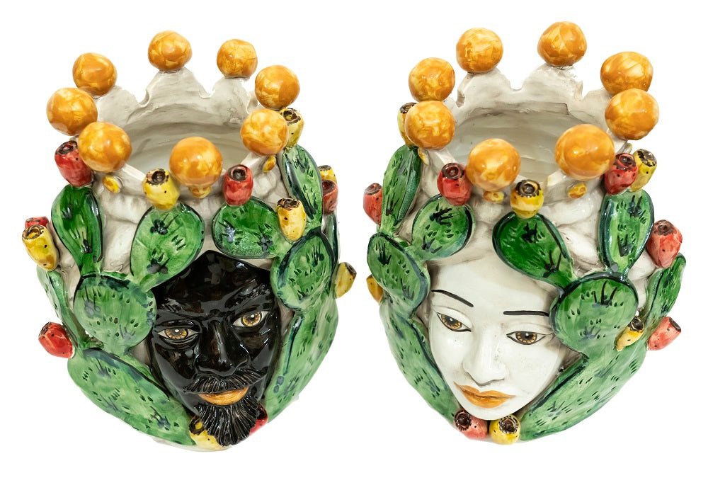 Pair of Sicilian ceramic Moor's heads from Caltagirone h30cm art. prickly pear 
