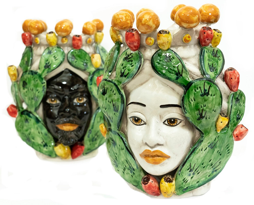 Pair of Sicilian ceramic Moor's heads from Caltagirone h30cm art. prickly pear 