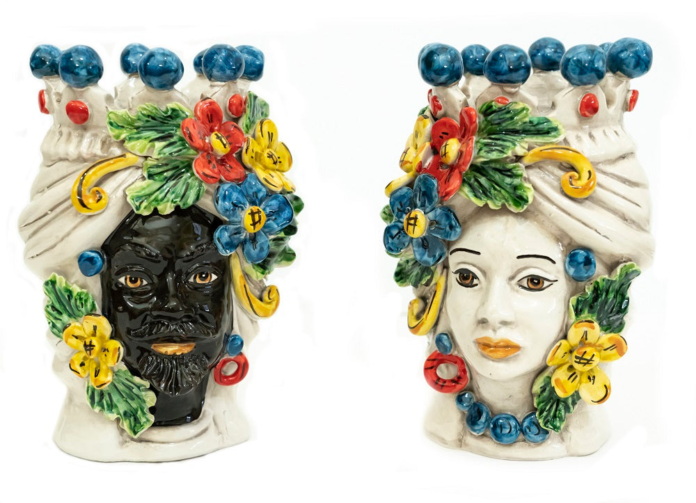 Coppia teste di moro in ceramica siciliana di Caltagirone h20cm art. fiori