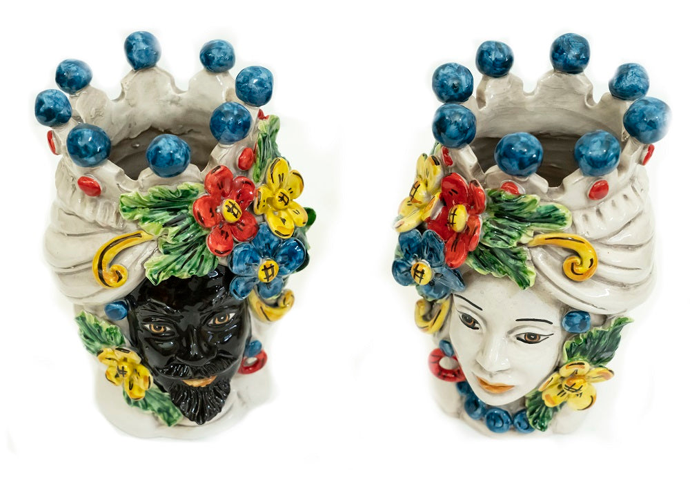 Coppia teste di moro in ceramica siciliana di Caltagirone h20cm art. fiori