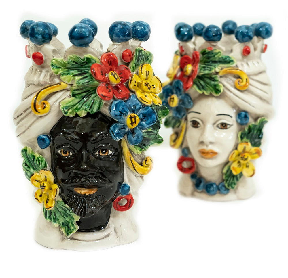 Coppia teste di moro in ceramica siciliana di Caltagirone h20cm art. fiori