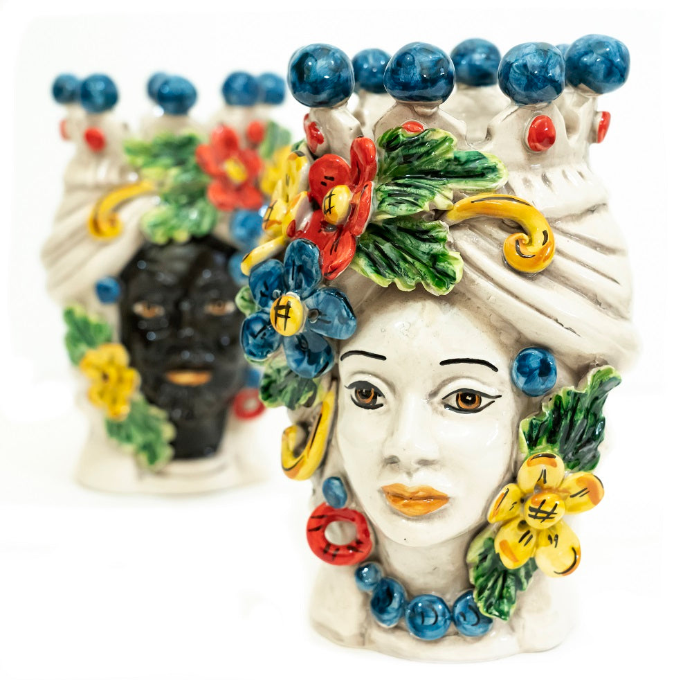 Coppia teste di moro in ceramica siciliana di Caltagirone h20cm art. fiori
