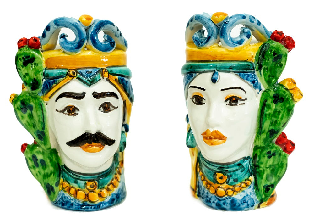 Pair of Sicilian ceramic Moor's heads from Caltagirone h15cm art. prickly pear 