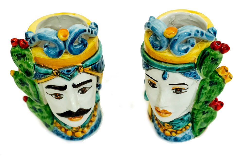 Pair of Sicilian ceramic Moor's heads from Caltagirone h15cm art. prickly pear 