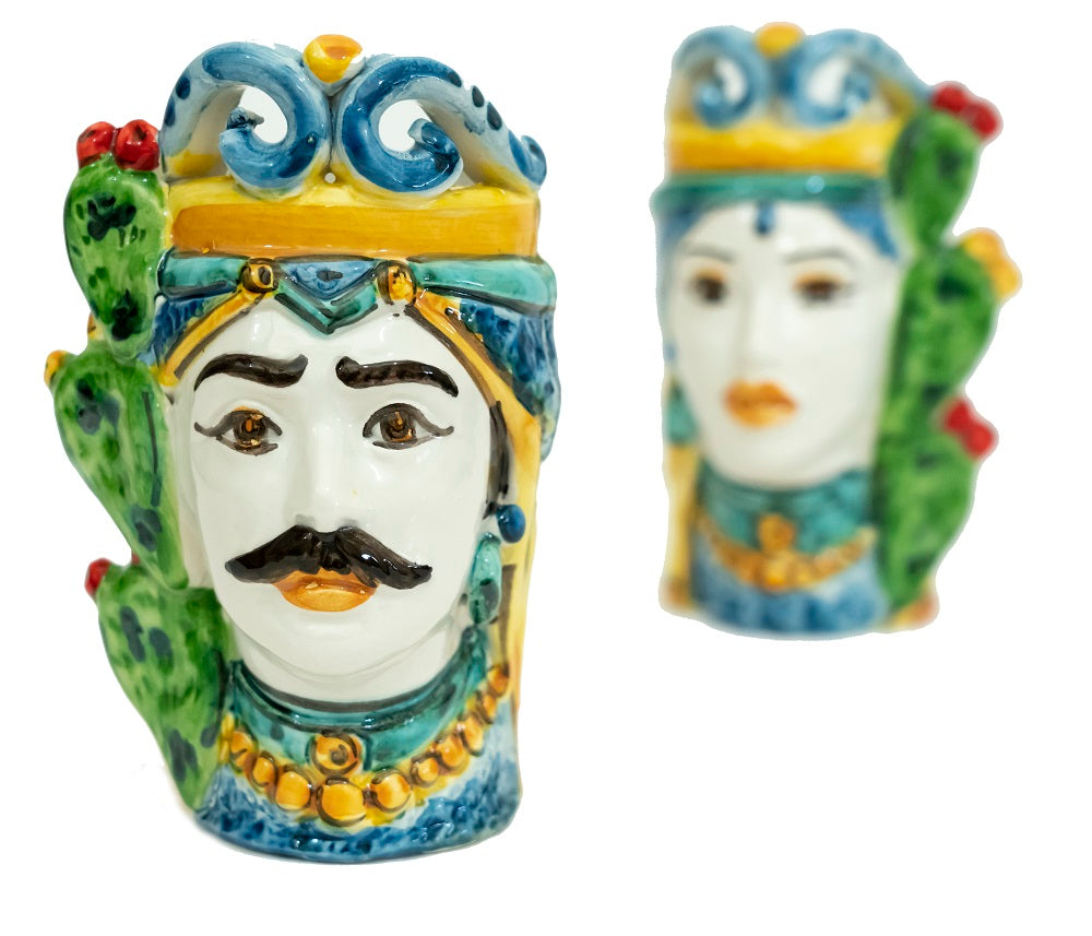 Pair of Sicilian ceramic Moor's heads from Caltagirone h15cm art. prickly pear 