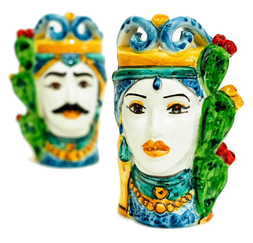 Pair of Sicilian ceramic Moor's heads from Caltagirone h15cm art. prickly pear 