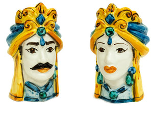 Coppia teste di moro in ceramica siciliana di Caltagirone h15cm art. colorati