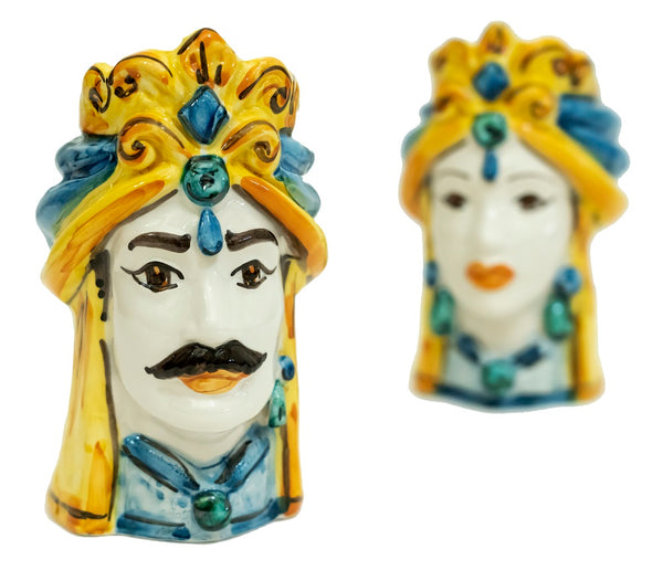 Coppia teste di moro in ceramica siciliana di Caltagirone h15cm art. colorati