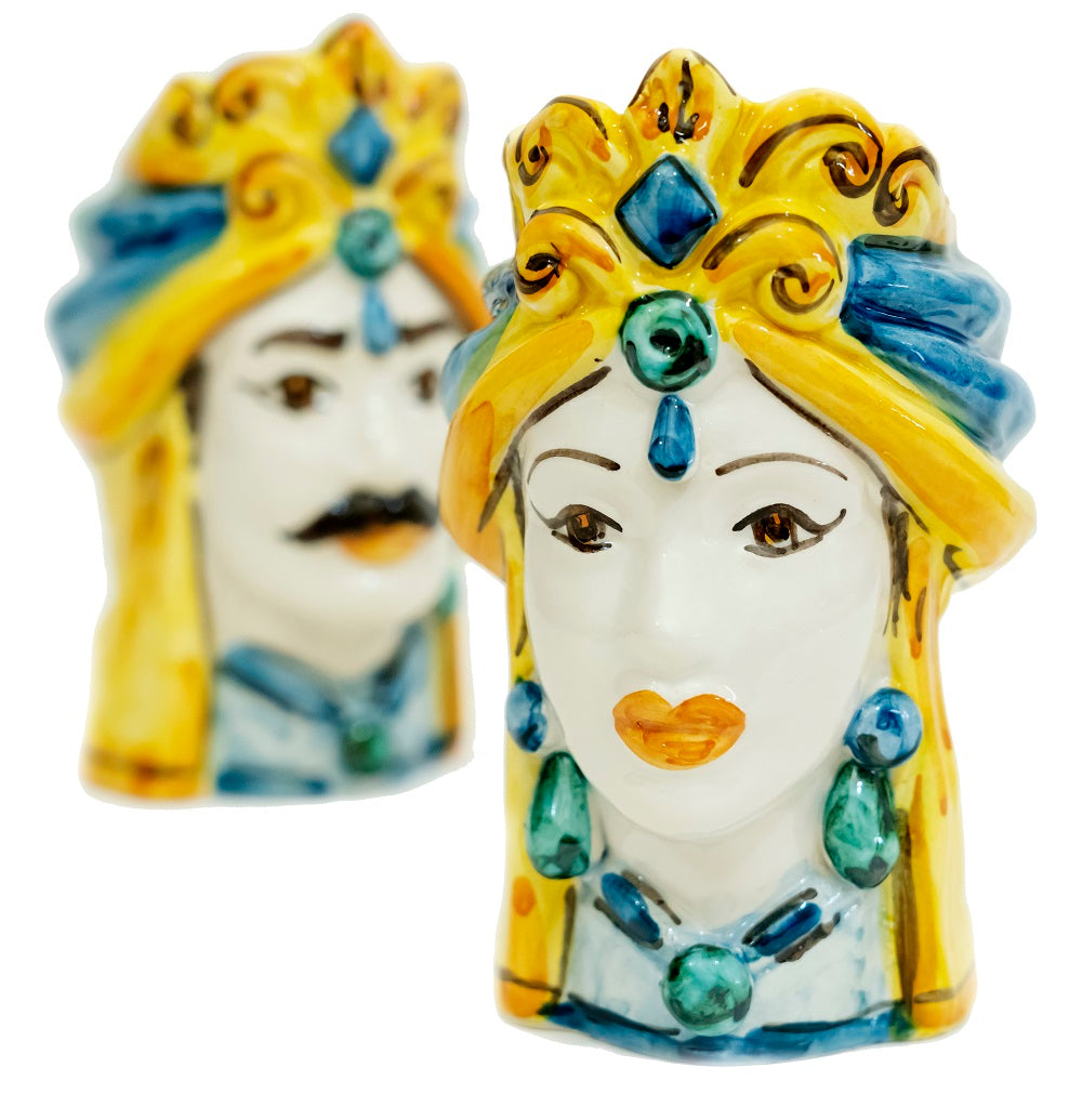 Pair of Sicilian ceramic Moor's heads from Caltagirone h15cm art. coloured 